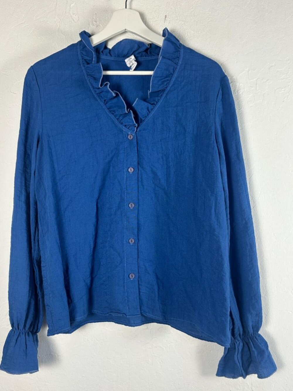 Anthropologie Amadi Women Blue Ruffle Button-Up Blouse Small Long Sleeves V-Neck